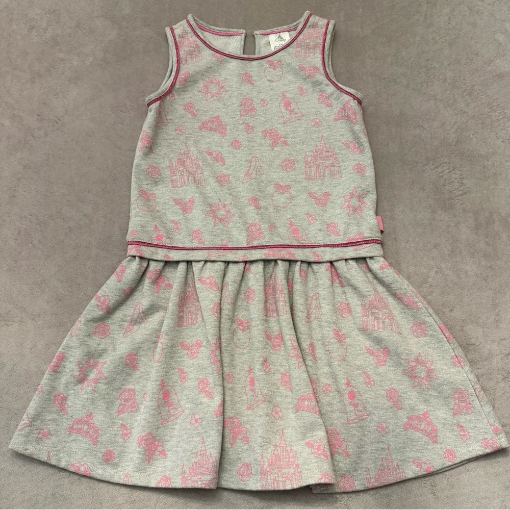 Disney Store Girls Princess Castle Dress Size 9/10 Pink Grey Spring Short Sleeve